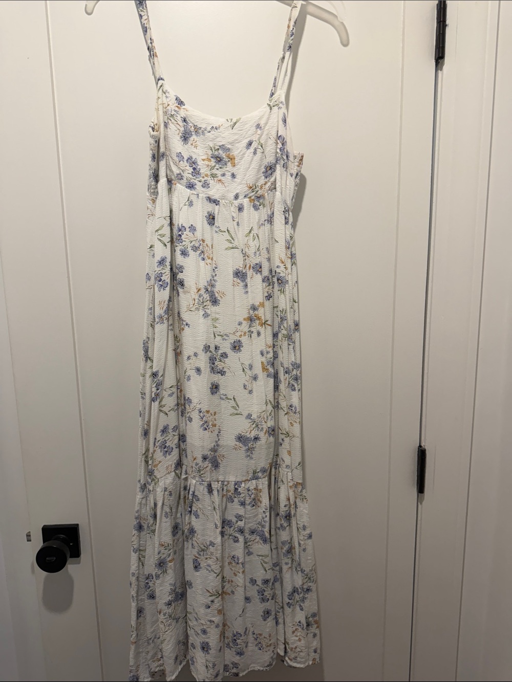 Floral White Maxi Dress with Blue & Yellow Blooms